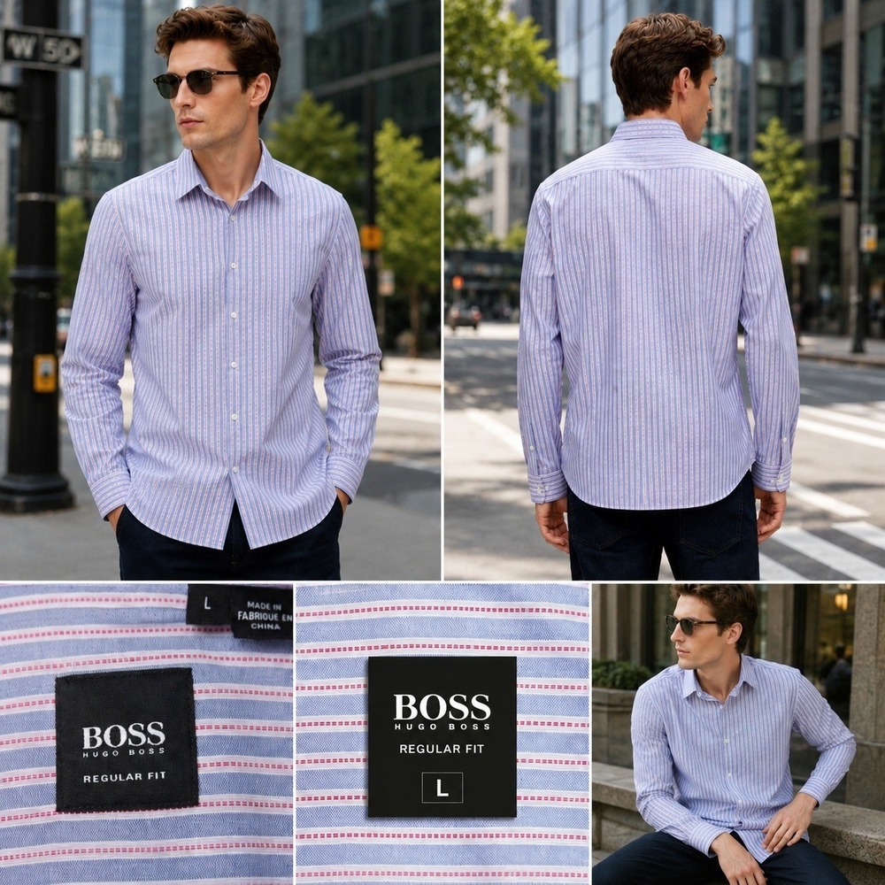 Hugo Boss Mens‎ Regular Fit Long Sleeve Button Down Striped Shirt Blue Red Large